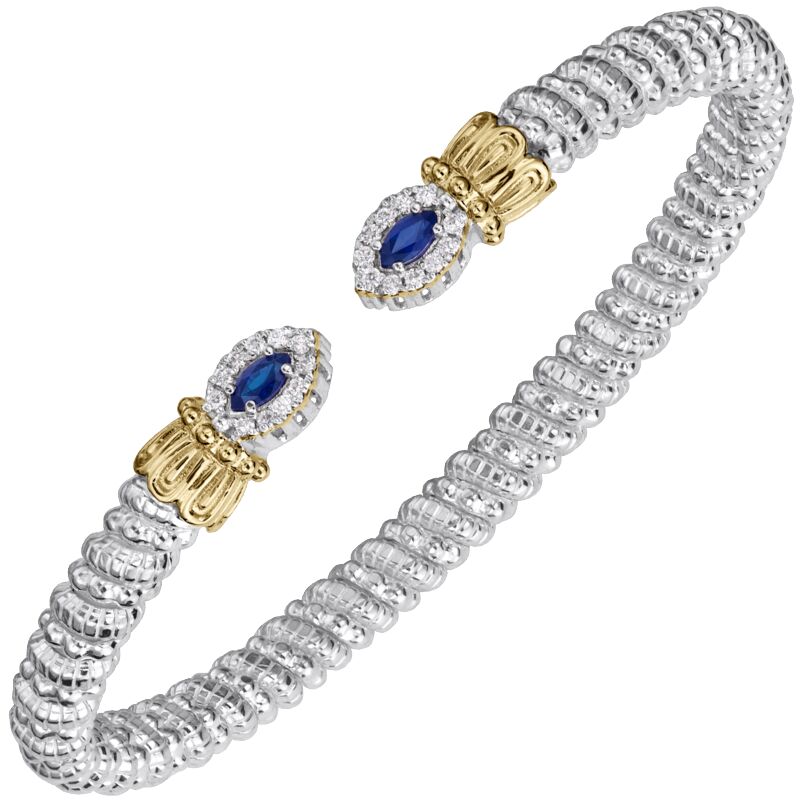 VAHAN Blue Sapphire and Diamond Stackable Bracelet in 14K Gold and Sterling Silver Open Cuff 4mm Bracelet