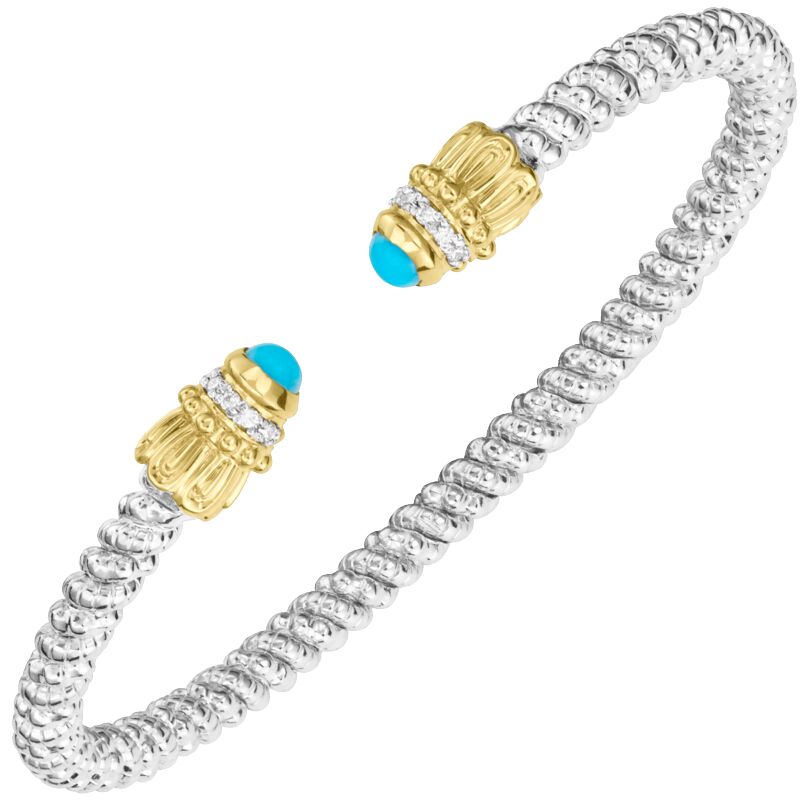 VAHAN 14K Gold and Sterling Silver Turquiose and Diamond Stackable Cuff Bracelet 3MM