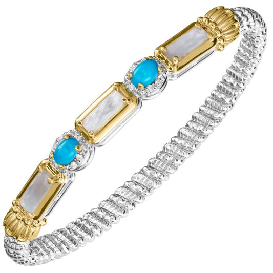 VAHAN 14K Gold and Sterling Silver, Mother of Pearl, Turquiose and Diamond Stackable Bracelet 4MM