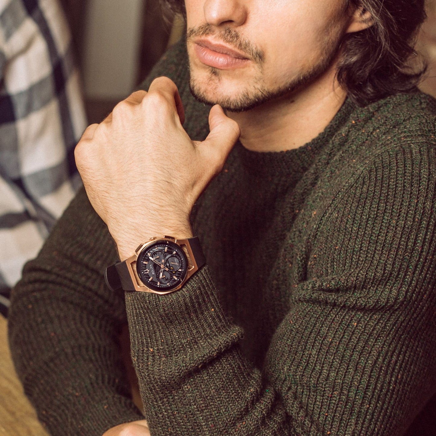 Bulova CURV Men's Chronograph Rose Gold Black Dial Watch