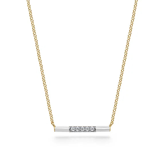 Gabriel & Co., Enamel - 14K Yellow Gold Diamond Bar Necklace with White Enamel