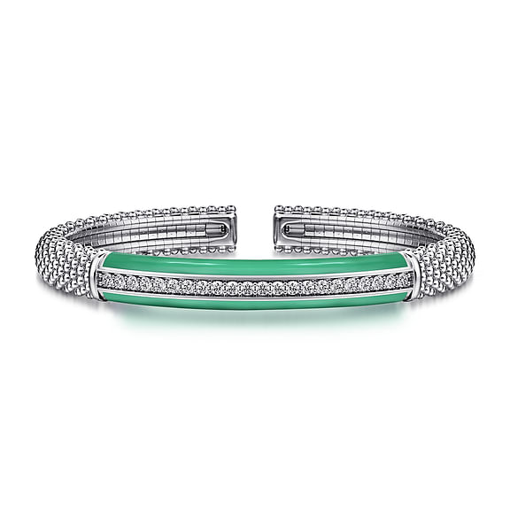 Gabriel & Co., Enamel 925 Sterling Silver Bujukan White Sapphire Bar Split Bangle Bracelet with Mint Cockatoo Enamel