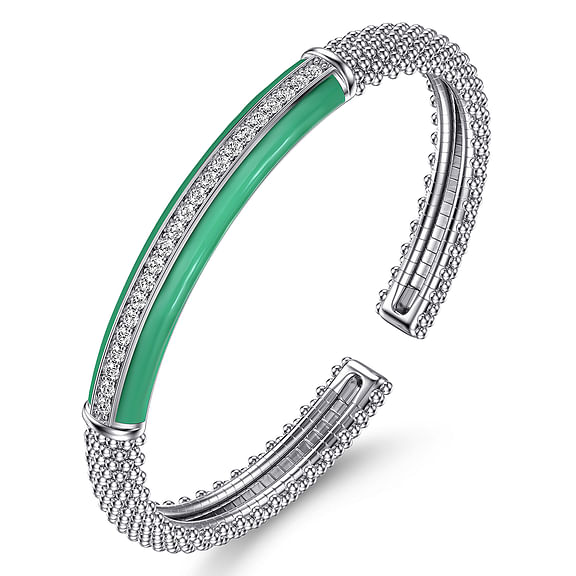 Gabriel & Co., Enamel 925 Sterling Silver Bujukan White Sapphire Bar Split Bangle Bracelet with Mint Cockatoo Enamel