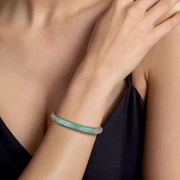 Gabriel & Co., Enamel 925 Sterling Silver Bujukan White Sapphire Bar Split Bangle Bracelet with Mint Cockatoo Enamel