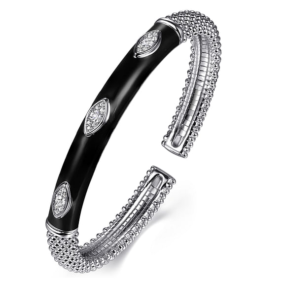 Gabriel & Co., 925 Sterling Silver Bujukan White Sapphire Split Bangle Bracelet with Black Enamel