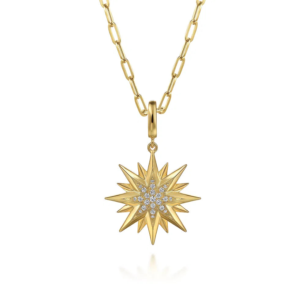 Gabriel & Co., 14K Y G D Starburst Medallion Pendant in Size 24mm