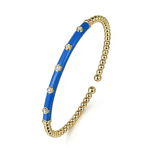 Gabriel & Co., 14K Yellow Gold Bujukan Beads and Diamond Split Bangle with Deep Blue Enamel