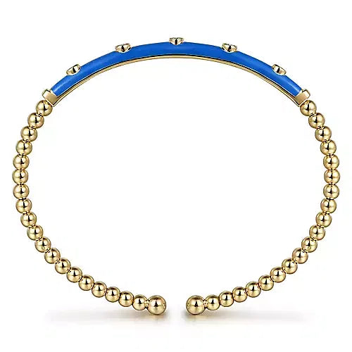 Gabriel & Co., 14K Yellow Gold Bujukan Beads and Diamond Split Bangle with Deep Blue Enamel
