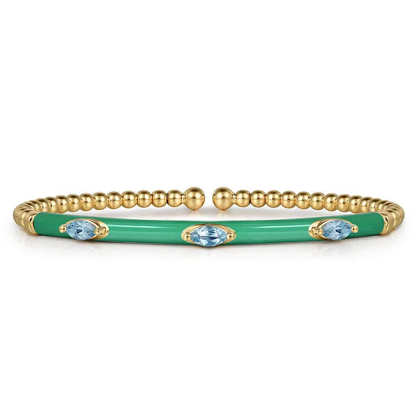 Gabriel & Co., 14K Yellow Gold Bujukan Blue Topaz Split Bangle with Green Enamel
