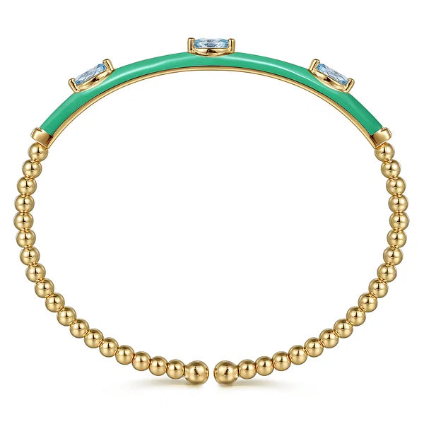 Gabriel & Co., 14K Yellow Gold Bujukan Blue Topaz Split Bangle with Green Enamel