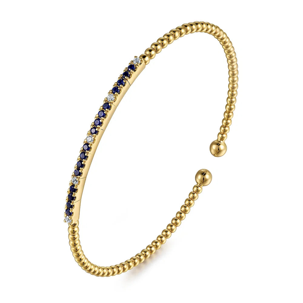Gabriel & Co., 14K Yellow Gold Bujukan Diamond and Blue Sapphire Split Bangle