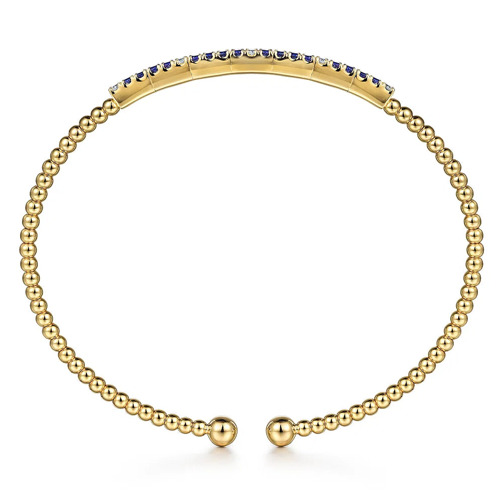 Gabriel & Co., 14K Yellow Gold Bujukan Diamond and Blue Sapphire Split Bangle