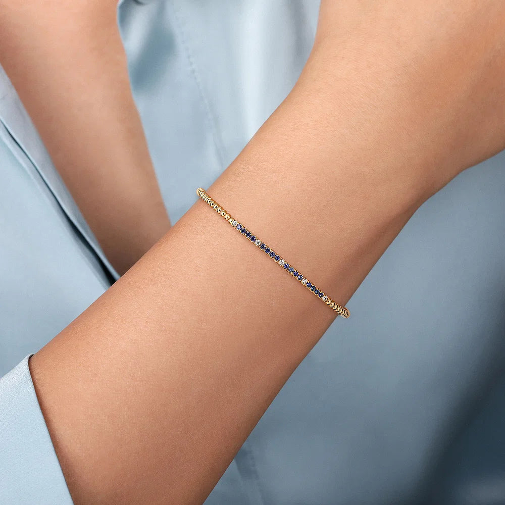 Gabriel & Co., 14K Yellow Gold Bujukan Diamond and Blue Sapphire Split Bangle