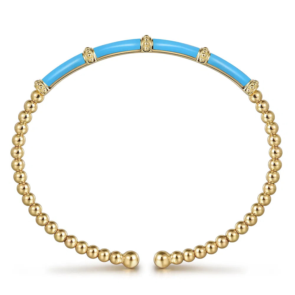 Gabriel & Co., 14K Yellow Gold Bujukan and Bar Split Bangle with Dusk Blue Enamel
