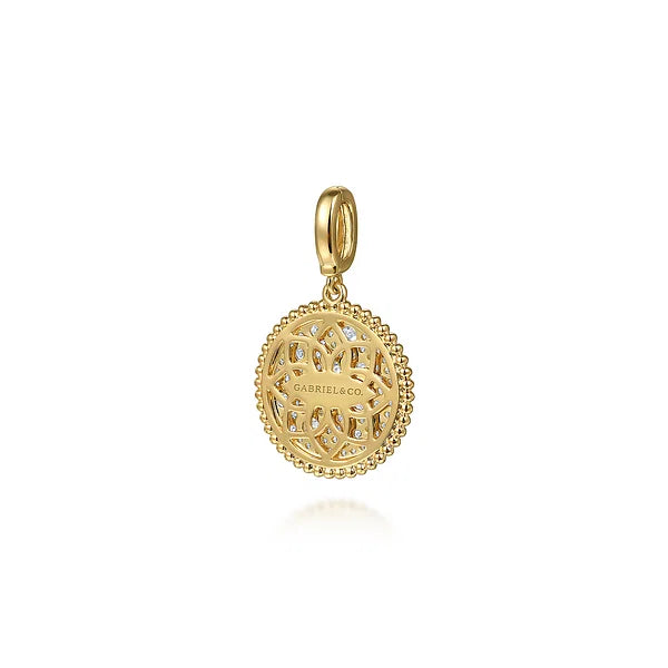 Gabriel & Co., 14K Yellow Gold Diamond Pave Bujukan Medallion Pendant in size 18mm