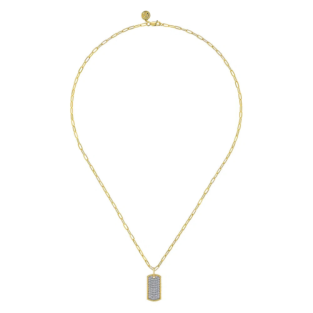 Gabriel & Co., 14K Yellow Gold Diamond Pave Dog Tag Pendant Hollow Chain Necklace