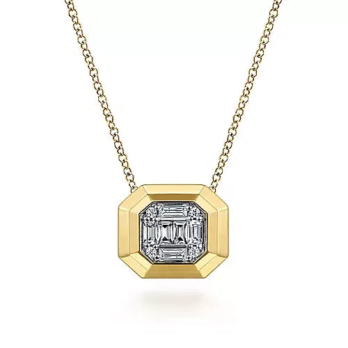 Gabriel & Co., 14K Yellow Gold Geometric Baguette and Round Diamond Pendant Necklace