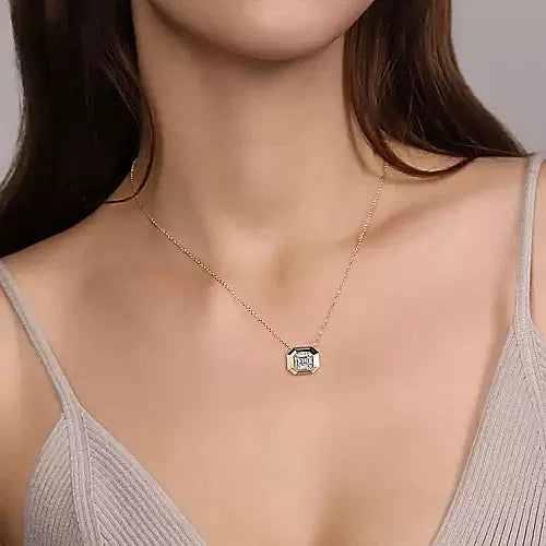 Gabriel & Co., 14K Yellow Gold Geometric Baguette and Round Diamond Pendant Necklace
