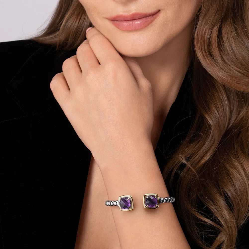 Gabriel & Co., 14K Yellow Gold and 925 Sterling Silver Bujukan Cushion Amethyst Bangle Bracelet