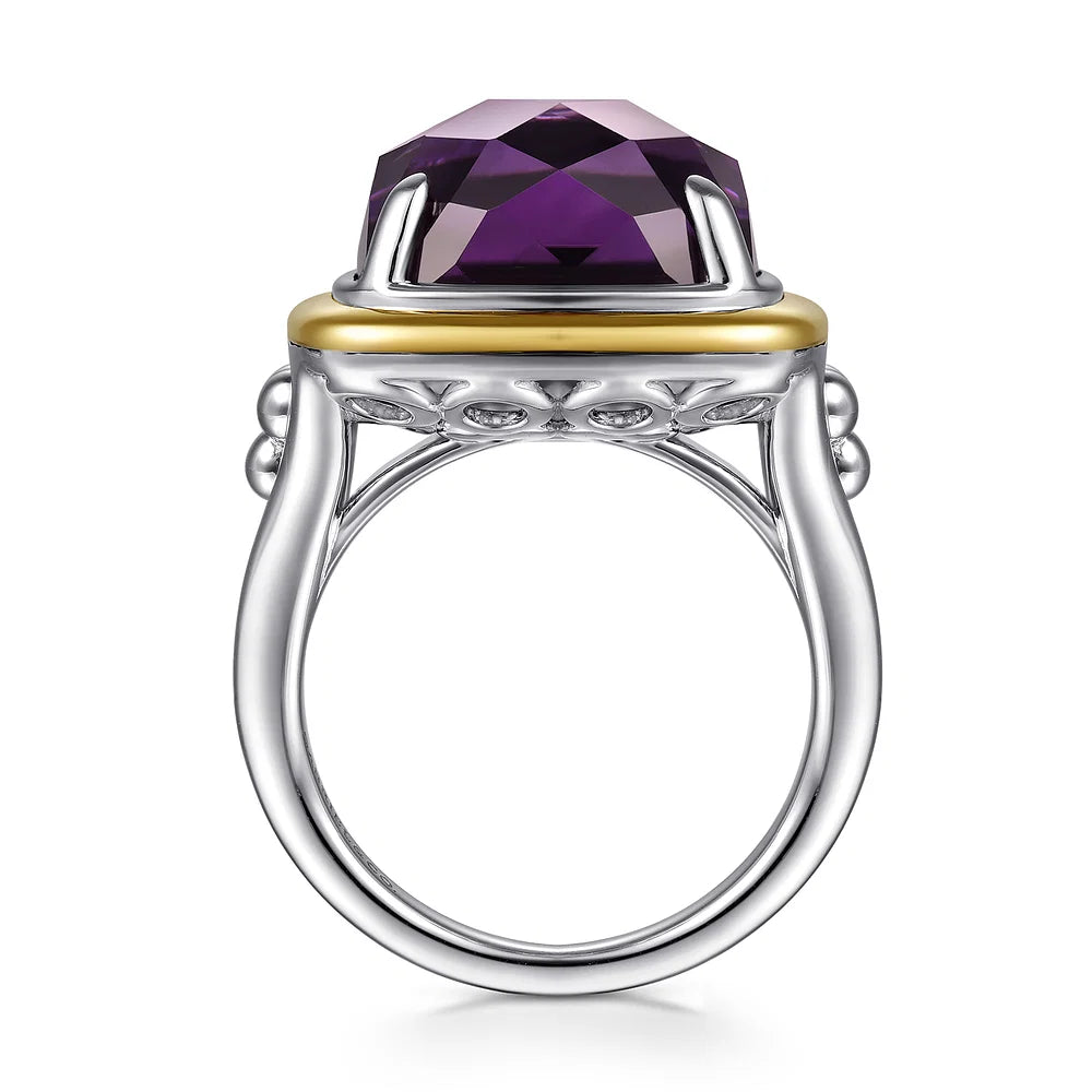 Gabriel & Co., 14K Yellow Gold and 925 Sterling Silver Bujukan Cushion Amethyst Cocktail Ring