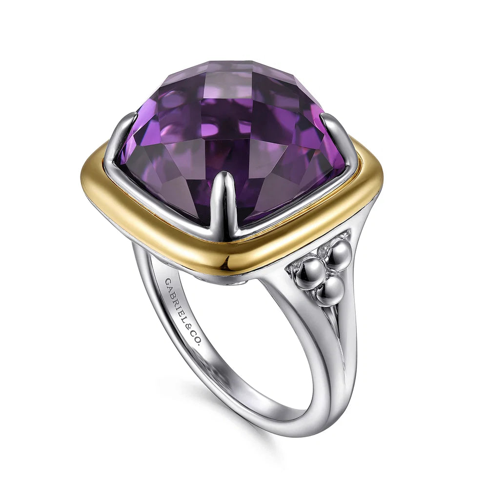 Gabriel & Co., 14K Yellow Gold and 925 Sterling Silver Bujukan Cushion Amethyst Cocktail Ring