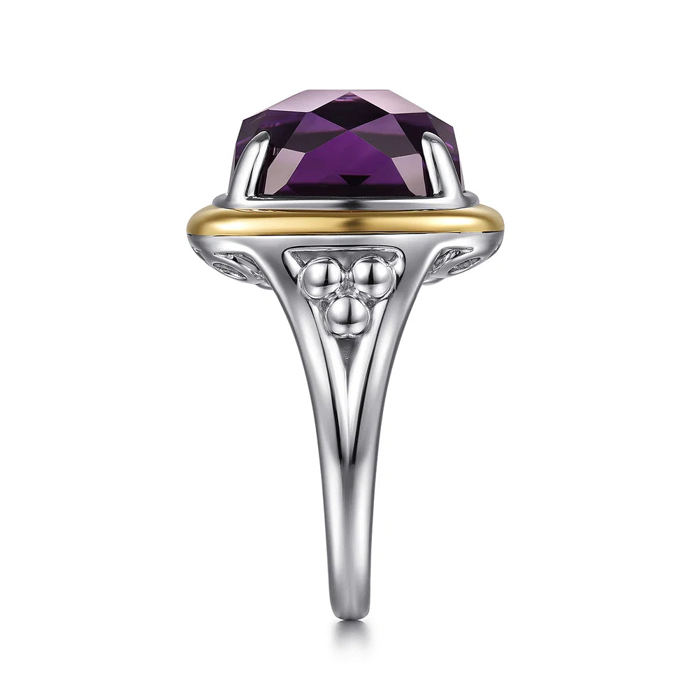 Gabriel & Co., 14K Yellow Gold and 925 Sterling Silver Bujukan Cushion Amethyst Cocktail Ring