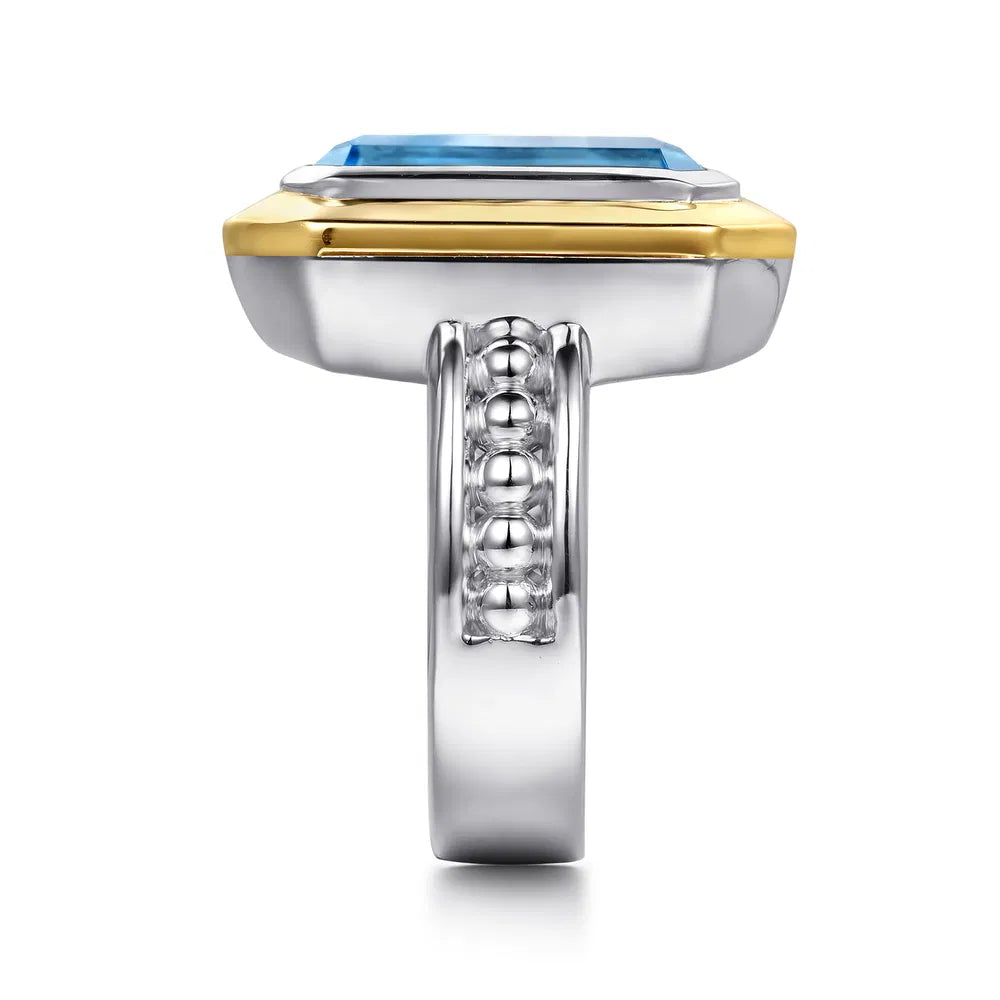 Gabriel & Co., 14K Yellow Gold and 925 Sterling Silver Bujukan Octagon Blue Topaz Cocktail Ring