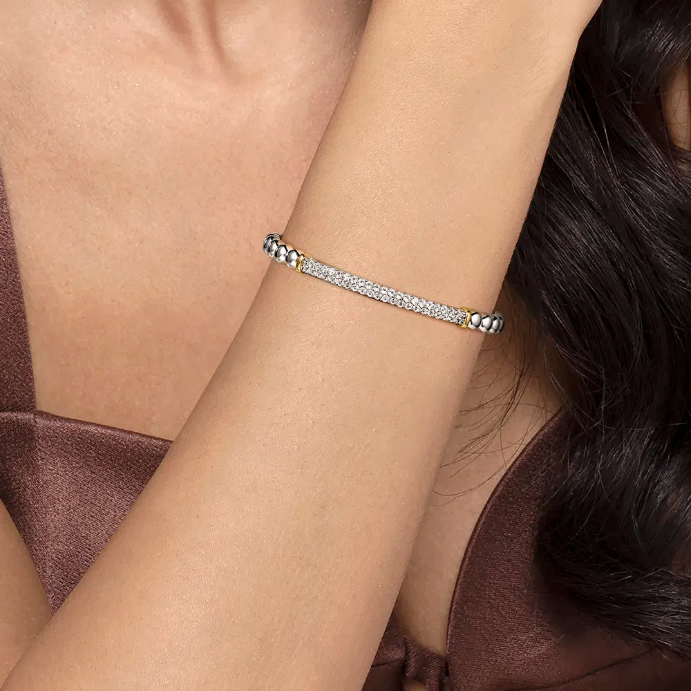Gabriel & Co., 14K Yellow Gold and 925 Sterling Silver Bujukan White Sapphire Open Bangle Bracelet