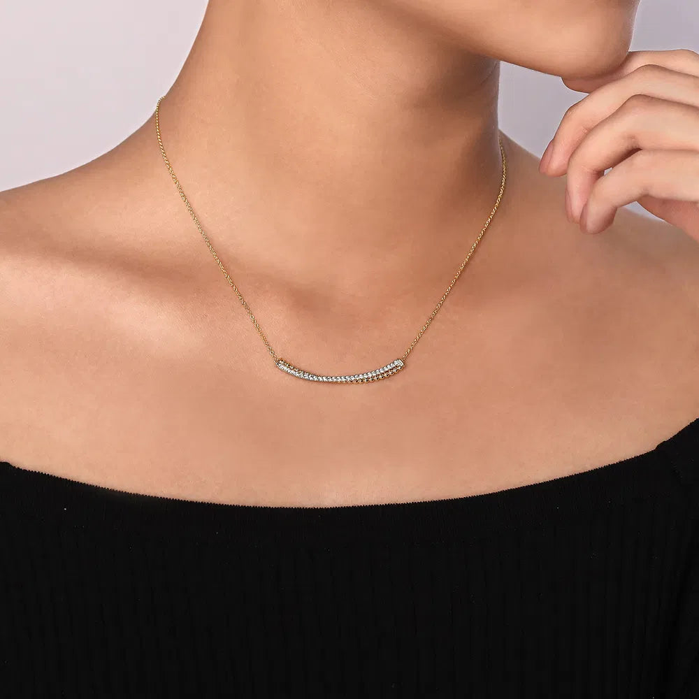 Gabriel & Co., 14K Yellow-White Gold Bujukan Bead and Diamond Pavé Curved Bar Necklace