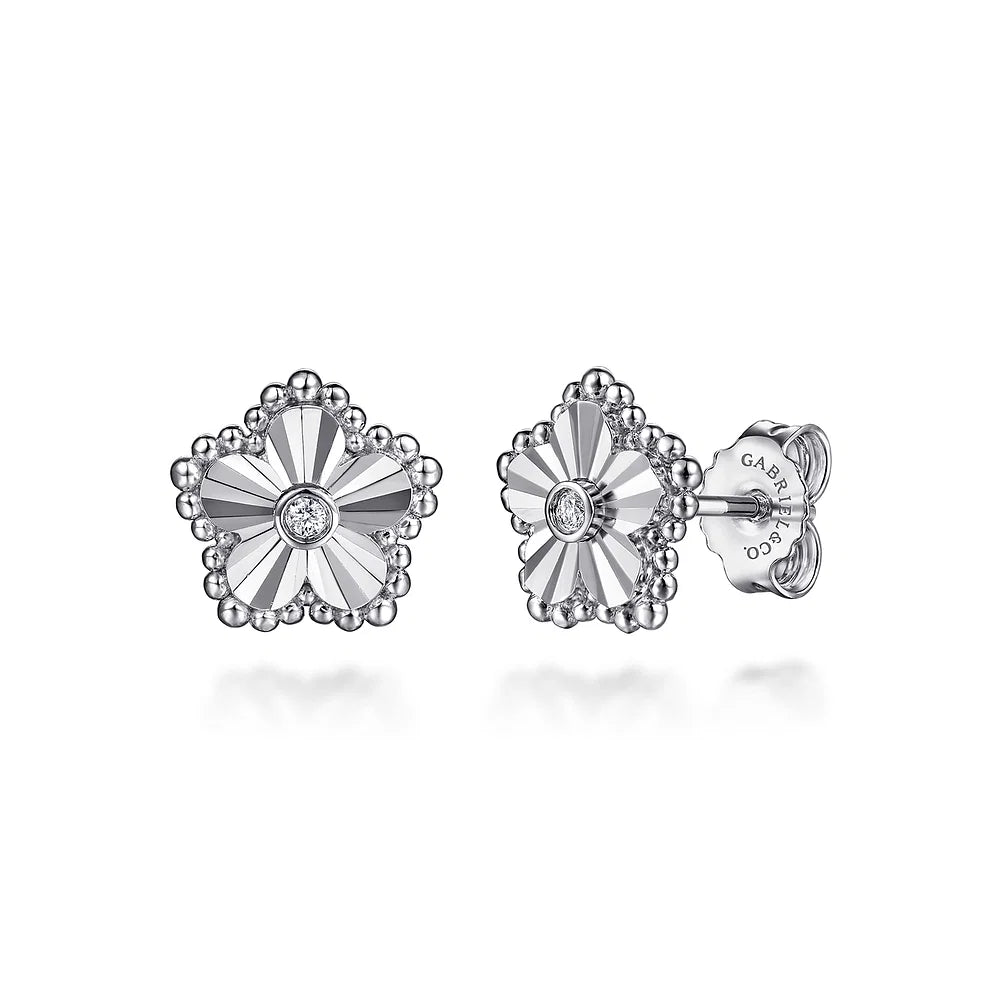 Gabriel & Co., 925 Serling Silver Diamond Bujukan Frame Flower Diamond Cut Stud Earrings