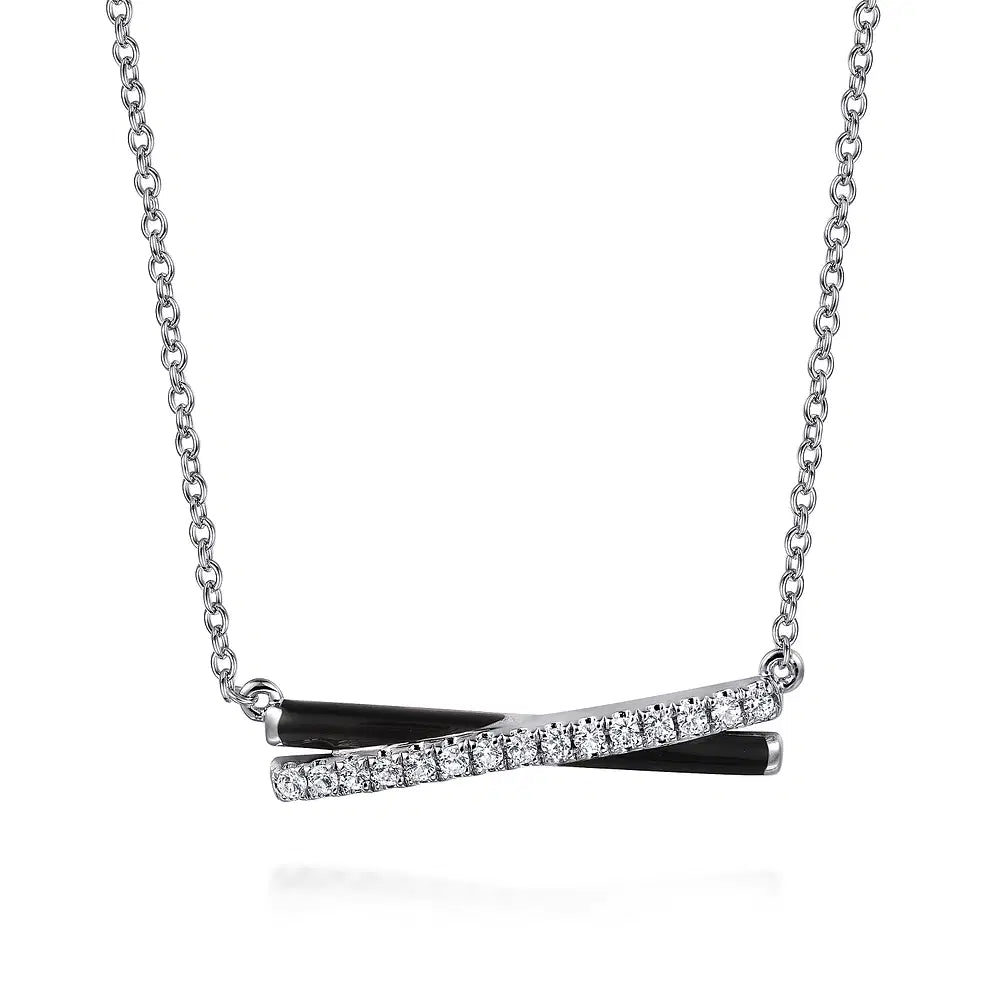 Gabriel & Co., 925 Sterling Silver White Sapphire Criss Cross Bar Necklace with Black Enamel