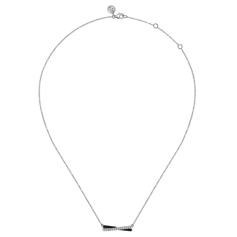 Gabriel & Co., 925 Sterling Silver White Sapphire Criss Cross Bar Necklace with Black Enamel