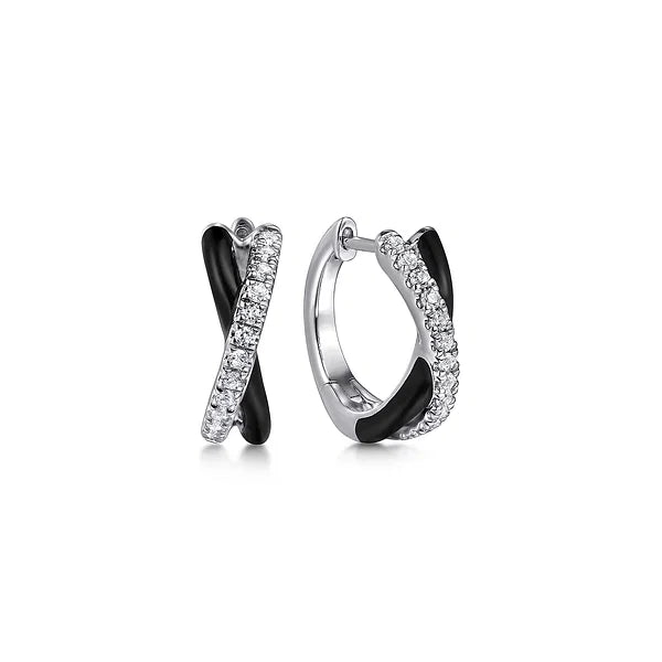 Gabriel & Co., 925 Sterling Silver White Sapphire and Black Enamel Criss Cross Huggies