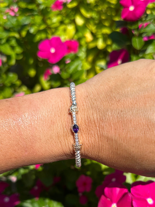 VAHAN 14K Gold and Sterling Silver, Purple Amethyst and Diamond Stackable Bracelet 3MM