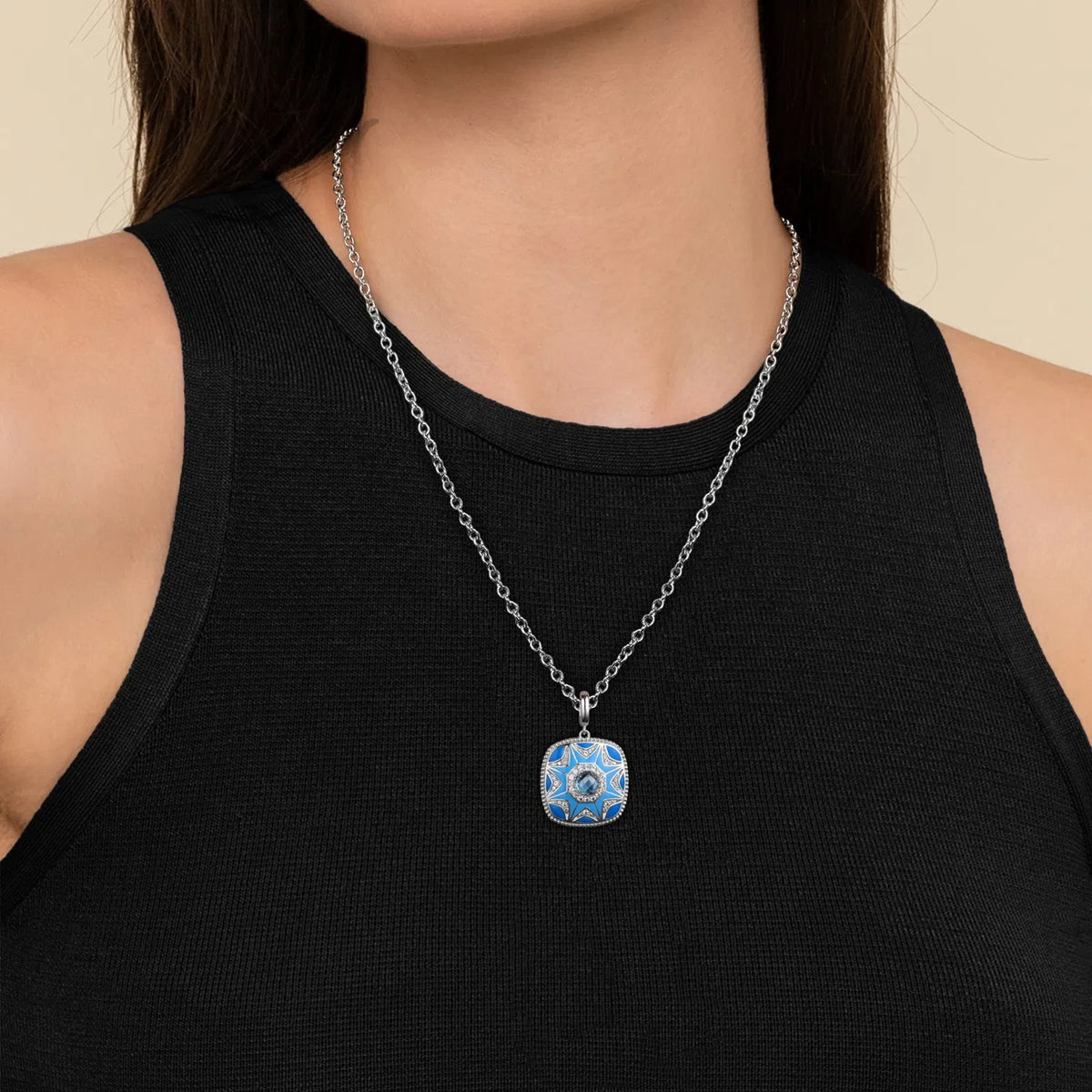 Gabriel & Co. Mosaic - 925 Sterling Silver Bujukan White Sapphire and Blue Topaz Necklace with Blue and Dust Blue Enamel