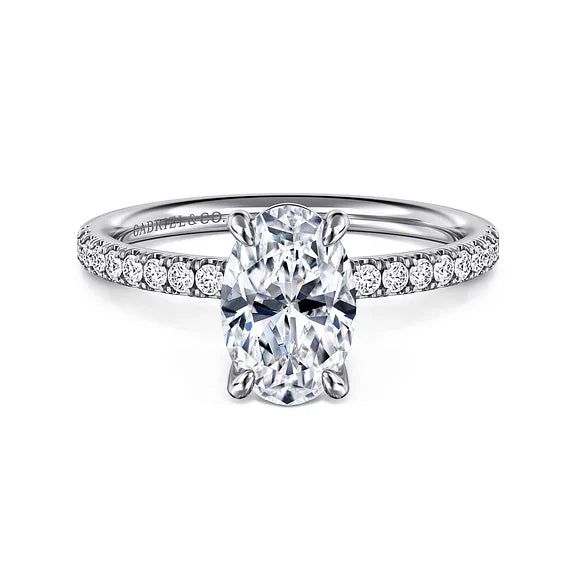 Gabriel & Co., 14K White Gold Oval Cut Semi-Mount Pave Shank Diamond Engagement Ring