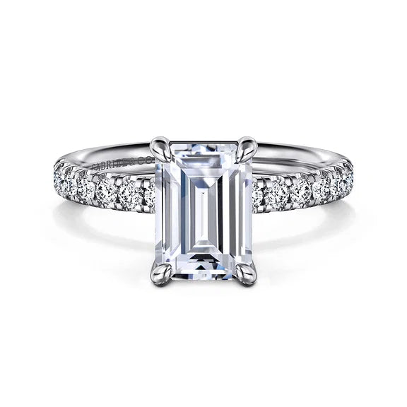 Gabriel & Co., 14K White Gold Emerald Cut Semi-Mount Pave Shank Diamond Engagement Ring