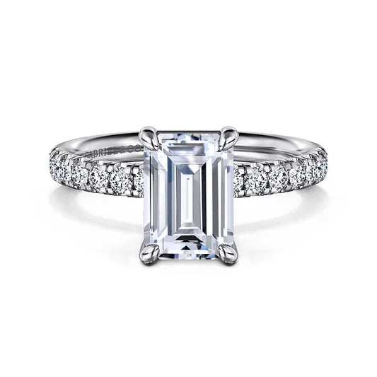 Gabriel & Co., 14K White Gold Emerald Cut Semi-Mount Pave Shank Diamond Engagement Ring