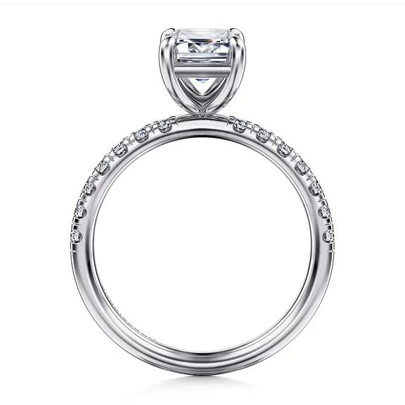 Gabriel & Co., 14K White Gold Emerald Cut Semi-Mount Pave Shank Diamond Engagement Ring