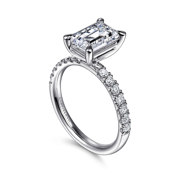 Gabriel & Co., 14K White Gold Emerald Cut Semi-Mount Pave Shank Diamond Engagement Ring