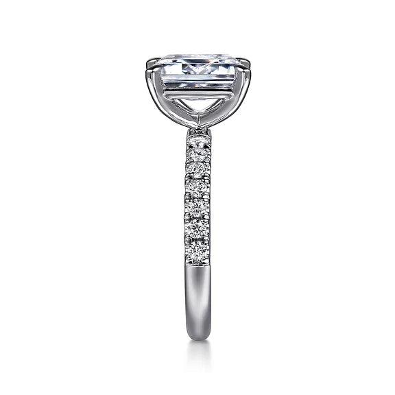 Gabriel & Co., 14K White Gold Emerald Cut Semi-Mount Pave Shank Diamond Engagement Ring