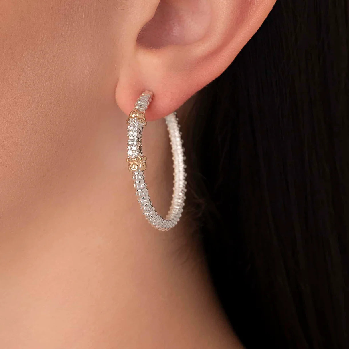 VAHAN 14K Gold and Sterling Silver, Diamond Hoop Earrings