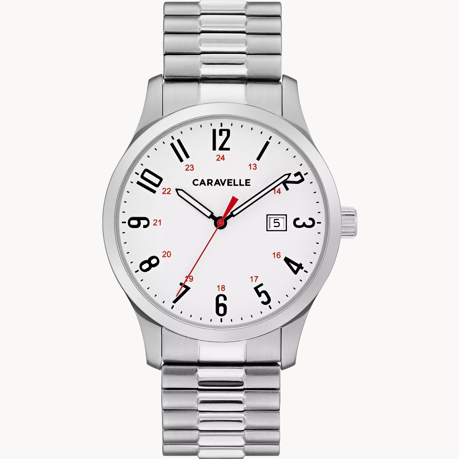 Caravelle Traditional Stainless Steel White Dial Stretch Band Mens