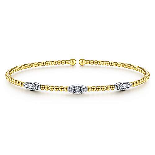 Gabriel & Co., 14K White-Yellow Gold Bujukan Bead Cuff Bracelet with Diamond Filled Marquise Stations