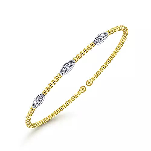 Gabriel & Co., 14K White-Yellow Gold Bujukan Bead Cuff Bracelet with Diamond Filled Marquise Stations