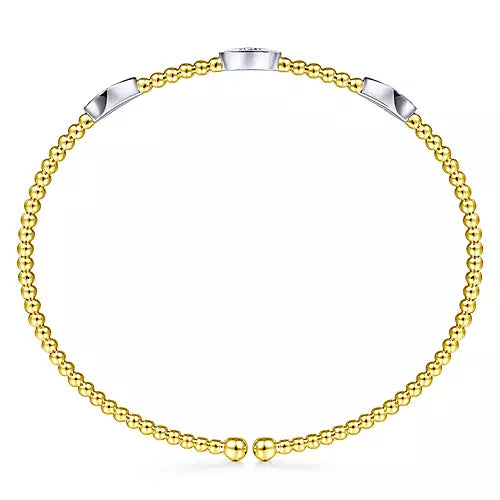 Gabriel & Co., 14K White-Yellow Gold Bujukan Bead Cuff Bracelet with Diamond Filled Marquise Stations