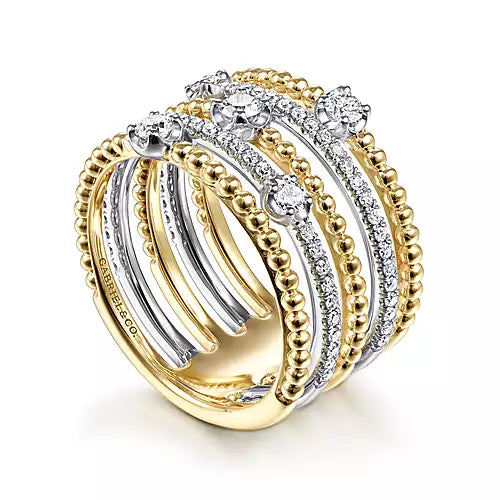 Gabriel & Co., 14K White-Yellow Gold Five Row Bujukan Ball and Diamond Station Ring