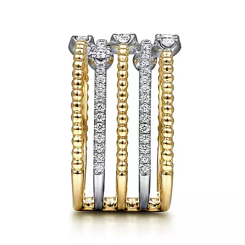 Gabriel & Co., 14K White-Yellow Gold Five Row Bujukan Ball and Diamond Station Ring