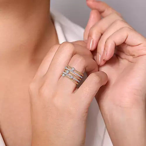 Gabriel & Co., 14K White-Yellow Gold Five Row Bujukan Ball and Diamond Station Ring