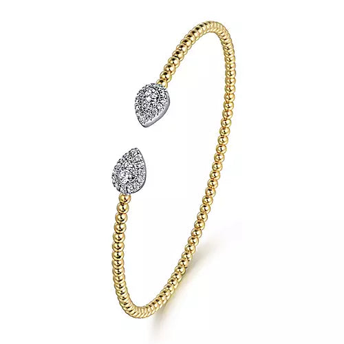 Gabriel & Co., 14K Yellow and White Gold Pear Shape End Open Bujukan Bangle